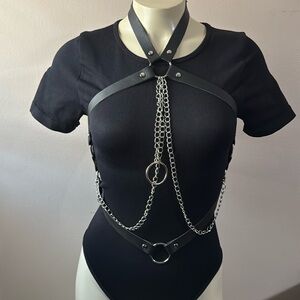 Black Leather Body Harness with Chains